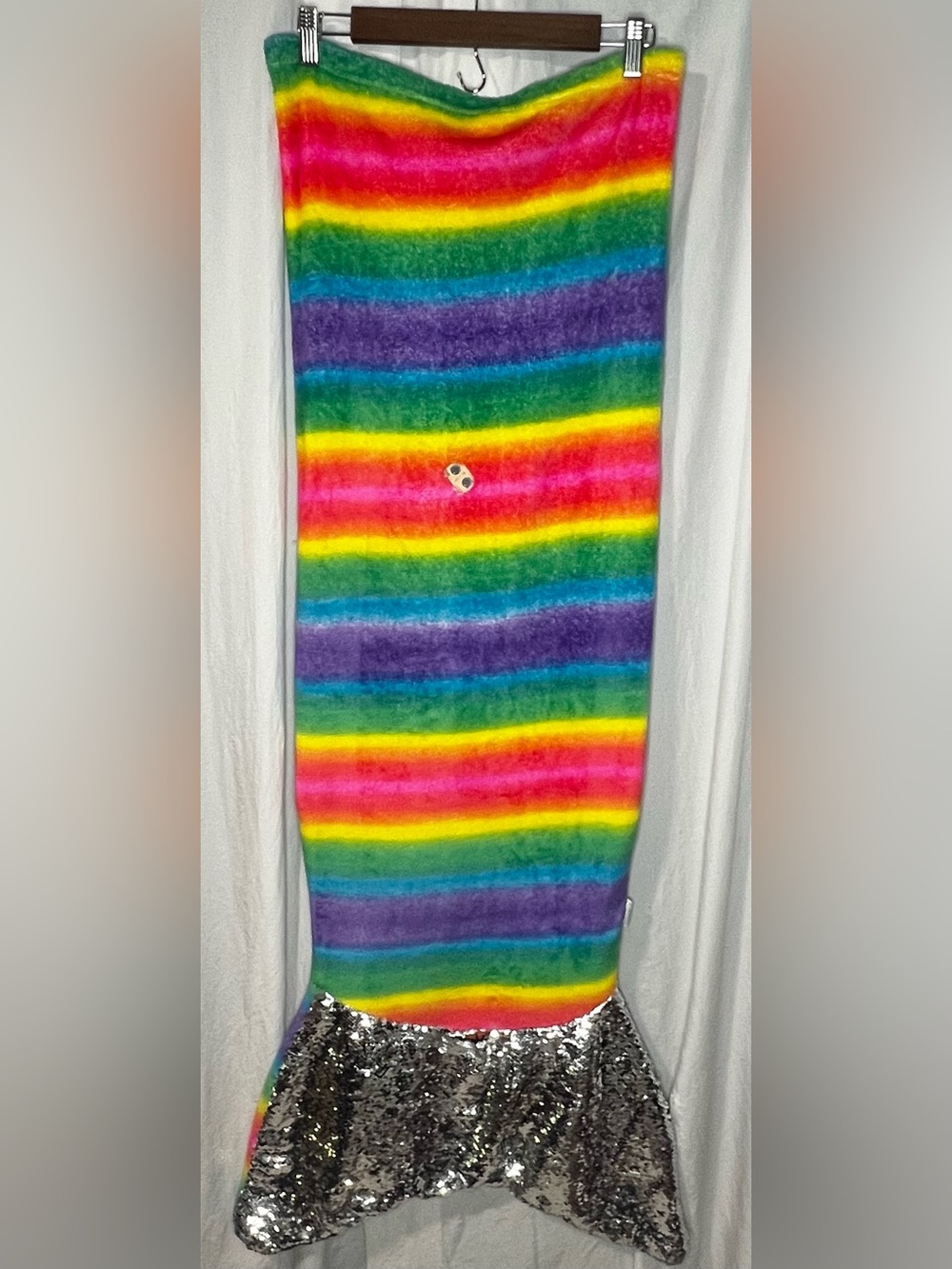 Rainbow Striped Mermaid Tail Blanket with Silver Sequin Fin